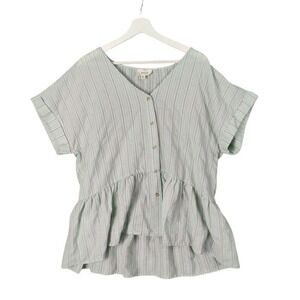 Perch Blu Pepper Stripe Peplum Popover Top Faux Button Short Sleeve Women SZ 2XL